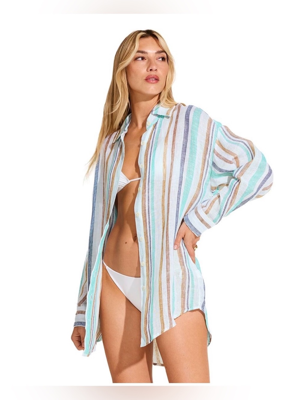 NWT Vitamin A Swim Playa Linen Boyfriend Shirt, Tidal Stripe, Blue/White/Tan, XS